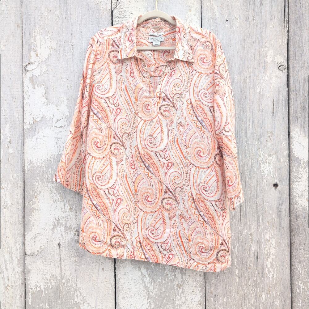 Rachel Zoe 100% European Linen Paisley Boho Top Women's 2X